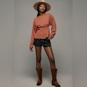 Anthropologie Pilcro Long-Sleeve Cocoon Corset Top Dark Orange Peplum Pleated XS